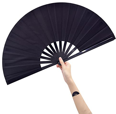 HOMSPE Großer faltbarer Ventilator, Chinease/japanischer Faltfächer aus Nylonstoff, Frauenhand-Falt-Handgeschenk, Handwerk, Tanz (schwarz)