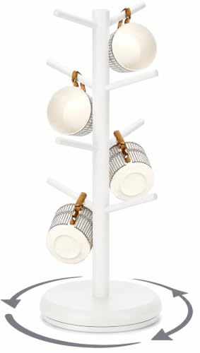 BAMBANG Wooden Mug Tree 8 Mugs Metal Base,Rotating Counter Top Cup Holder Bamboo, Coffee Mug Holders for Kitchen,Mug Stand Rack Hanger Organiser White