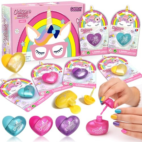 Toyssa Kids Nail Polish Set - 12 Pack Peel Off Nail Varnish for Girls Ages 3+, Non Toxic Water-Based Formula with Glitter, Unicorn Gift Set for Birthday Party & Pretend Play