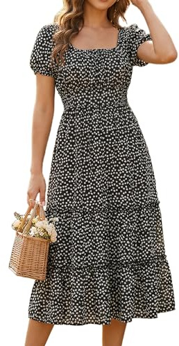 ZHAOCAI Summer Dresses for Women, Ladies Dresses Slimming Midi, Short Sleeve Square Neck Ruffle Petal Polka Dot Casual Floral Wrap Over Shift Skater Sundress Black