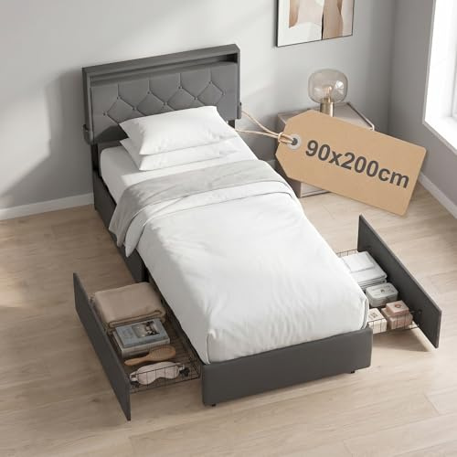 QEENTOE Polsterbett 90x200 cm Leinenoptik, Doppelbett Bettgestell mit Schubladen auf Rollen, Stauraumbett mit Lattenrost, Schubladenbett für Schlafzimmer Jugend & Erwachsene Dunkelgrau