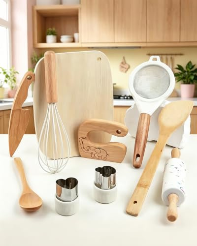 Jessruly Montessori Ensemble de couteaux en bois et pâtisserie 10 pièces d'outils de cuisine pour cuisine royale, set de cuisine en bois naturel