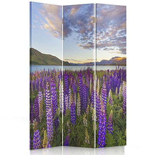Feeby Paravent Landschaft Wiese Blume Lila Meer Berge Wasser 3 Teilig 110x180 cm Modern Design Einseitig Raumteiler Wandschirme Trennwand Raumtrenner Sichtschutz Spanische Wand Auf Leinwand Bedruckt