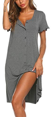 Ekouaer Women's Nightshirt Short Sleeve Button Down Nightgown V-Neck Sleepwear Pajama Dress Grey