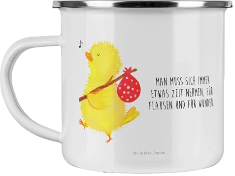 Mr. & Mrs. Panda Camping Emaille Tasse Küken Wander - Ostergeschenke, Osterdeko, Geschenk, Outdoor Becher, Ei, liebe Grüße, Emailletasse, Grüße,