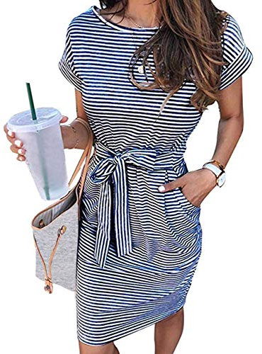 MEROKEETY Women's Summer Striped Short Sleeve T Shirt Dress Casual Tie Waist with Pockets, Navy, M
