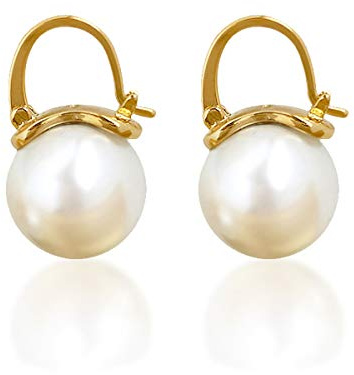 OwMell Elegant 925 Sterling Silver Pearl Drop Earrings Dangle Stud Gold Plated Earrings for Women Large Size 12mm - Gold