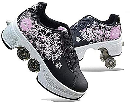 duvetset Roller Skates Damen Inline Skates Mädchen,Roller Skates Verstellbar Sneakers 2-in-1 Mehrzweck-Schuhe Unisexe Skates,SchwarzesSilberpulver-EU36