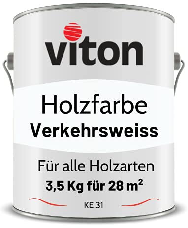 Viton Holzfarbe in Weiss - 3,5 Kg Holzlack Seidenmatt - Wetterschutzfarbe für Außen - 3in1 Grundierung & Deckfarbe - Profi-Holzschutzlack - KE31 - RAL 9016 Verkehrsweiss