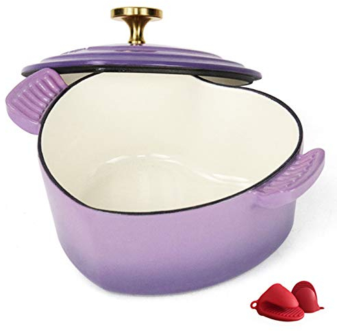 Wzlwpygl Horno holandés esmaltado en forma de corazón, cazuela de hierro fundido esmaltado con doble asa y tapa, olla de cocina de esmalte profesional, el mejor regalo, morado