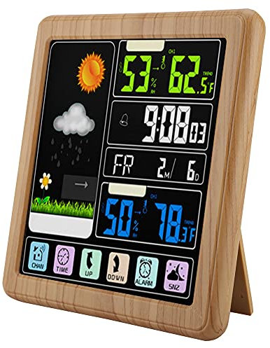 Stazione Meteorologica Wireless, TS-3310 Termometro per Interni Senza Fili con Schermo Tattile Completo con Sensore, Display LCD Stazione di Previsione Elettrica con Orologio Intelligente,(di legno)
