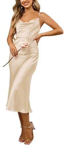 Tsher Robe de soirée en satin sans manches avec bretelles spaghetti et col bénitier dos nu pour femme, Robe en satin beige, Taille XS