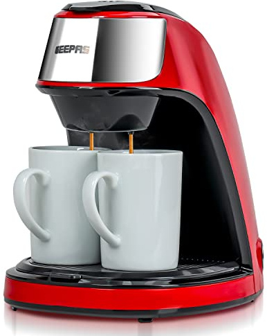 Geepas Coffee Machine, 450W Coffee Maker for Instant Coffee - Permanent Nylon Filter, 300ML Water Tank Capacity - 2Pcs 125ML Ceramic Jars Included - 2 Year Warranty, Red