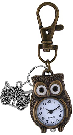 JewelryWe Eule Uhr mit Karabiner Schlüsselanhänger: Herren Damen Karabineruhr Vintage Bronze Niedliche Eule Analog Quarz Taschenuhr mit Weiß Rundem Digital Zifferblatt