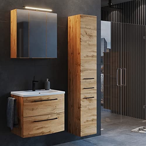 Lomadox Badezimmer Set Industrial Style 60 cm Waschtisch und Hochschrank in Wotan Eiche Nb. inkl. Waschbecken und Spiegelschrank, B/H/T: ca. 120/200/45 cm