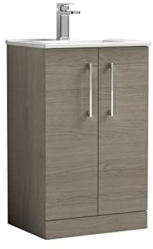 nuie ARN2501B Arno Modern Bathroom Floor Standing 2 Door Vanity Unit with Minimalist Ceramic Basin, 500mm, Woodgrain Solace Oak