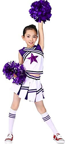 LOLANTA Mädchen Karneval Kostüm, Cheerleader kleid mit Pompoms und Socken, Mittelschule Cheerleading Uniform, Violett, 6-7 Jahre, 130
