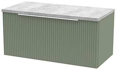 Hudson Reed DFF896LBG Fluted Modern Bathroom Wall Hung 1 Drawer Vanity Unit with Bellato Grey Laminate Worktop, 800mm, Satin Green