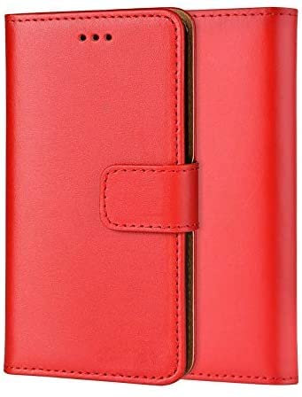 Genuine Leather Bookcase for iPhone 14, Premium authentic Genuine Leather Wallet case with Magnetic, Kickstand, Cash & Card Slots Stockproof Slim Flip bookcase cover 6.1 (Red)