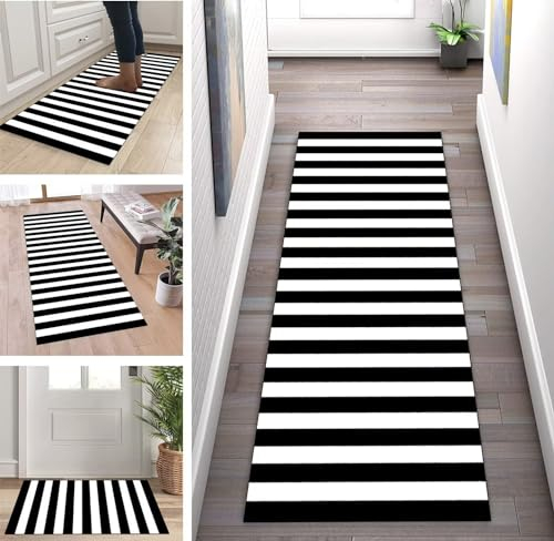 ZUZEKU Läufer Teppich Flur Küche Schwarz Weiß rutschfest 60x250cm Küchenläufer Teppichmatten Waschbar Korridor Teppichläufer Küchenteppich Schlafzimmer Esszimmer Polyester Meterware Anpassbar