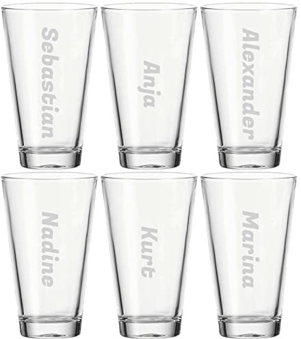 LUXENTU Trinkglas mit Gravur, 300 ml, Universalgläser mit personalisierter Namensgravur für Kinder & Erwachsene, Spülmaschinengeeignet, Name quer, 6 Stück