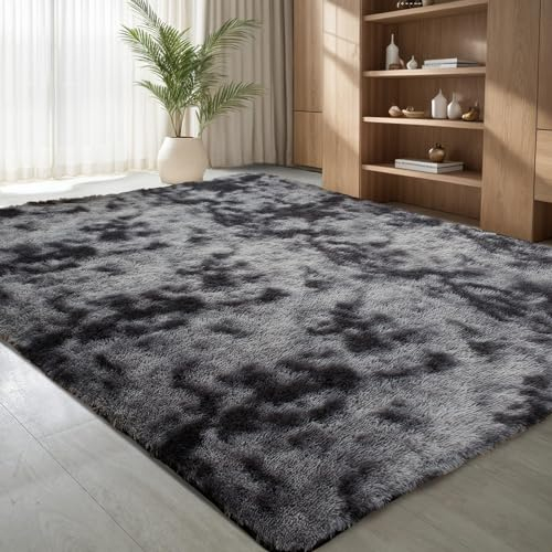 jianandi Teppich Wohnzimmer, Flauschige Weiche Teppiche für Schlafzimmer, Hochflor Waschbare Bettvorleger, Moderne Anti-Rutsch Teppich für den Eingangsbereich, Tie-dye Dunkelgrau, 120 x 170 cm
