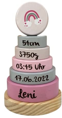 KIDSLINO Geburtsgeschenk Stapelturm Regenbogen rosa I Geschenk zur Geburt I Graviert I Stapelturm mit Namen & Geburtsdaten I Personalisierte Babygeschenke