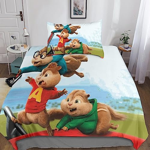 Alvin And The Chipmunks Spannbetttücher Bettbezug-Set, Bettwäsche-Set with Kissenbezüge, Tröster Abdeckung Für Jungen Mädchen Weiche, Bettbezug Schlafzimmer Dekor Mit 1 Kissenbezug Single(135x200cm)
