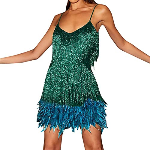 Femme Robe Gatsby Couleur Unie sans Manche 1920S Robe à Frange Bretelles Chic Robe à Charleston Déguisement pour Soirée Danse Latine