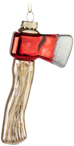 BRUBAKER Axt - Handbemalte Weihnachtskugel aus Glas - 11 cm Baumkugel für Holzfäller - Mundgeblasener Christbaumschmuck - Deko Figur Weihnachten - Weihnachtsdeko Anhänger - Rot, Weiß