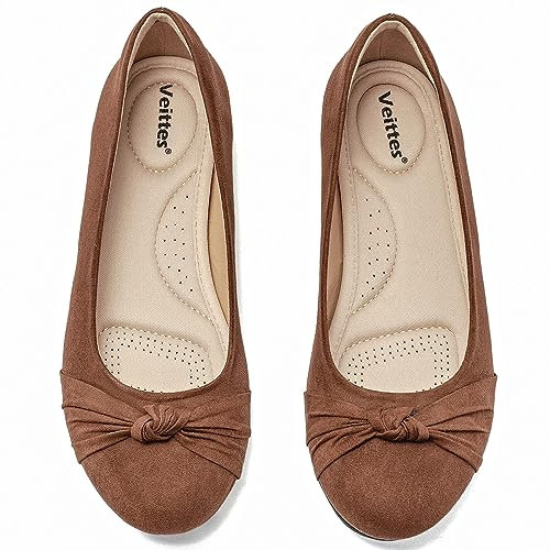 Veittes Women's Wide Width Flats Shoes - Ladies Cute Round Toe Slip-on Fashion Bow Ballet Shoes.(2109004-2310,BR/MF,UK6.5 Wide)