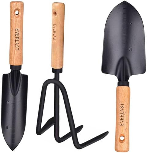 SAUNUOWL Garden Tool Set with Wood Handle Trowel,Garden Hand Tools Kit Gifts for Women & Men,Succulent Plant Transplant Trowel Set,Includes Narrow Shovel,Wide Shovel and Rake-Essential Garden Tools