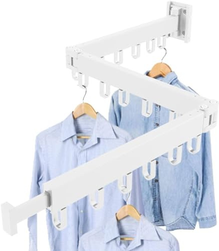 Wall Mounted Clothes Drying Rack Space Saving Clothes Drying Airer Rack, Retractable Fold Away Laundry Drying Rack Outdoor & Indoor Neat Formal Drying Rack (White - Three Rod - 114cm)