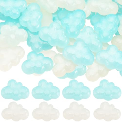 SUNNYCLUE 1 Box 40 Stück Wolken Cabochons Mini Harz Cabochons Mit Flacher Rückseite Schöne Glitzerwolken Weiß Blaue Regenbogen Beschichtung Schillernde Beschichtung Süße Harz Anhänger Für Heimwerker H