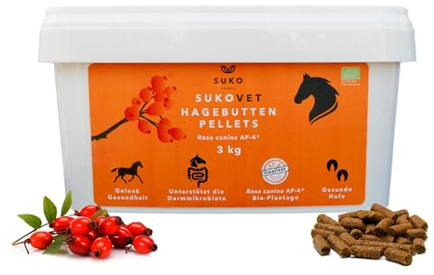 Suko-Vet Bio-Hagebutten-Pellets für Pferde, 3 kg I Natürliche Gelenk- & Immunsystem für Pferde mit Hagebutten I Omega-3 und Omega-6 I Reich an Ballaststoffen I Linderung bei Stress and Belastung