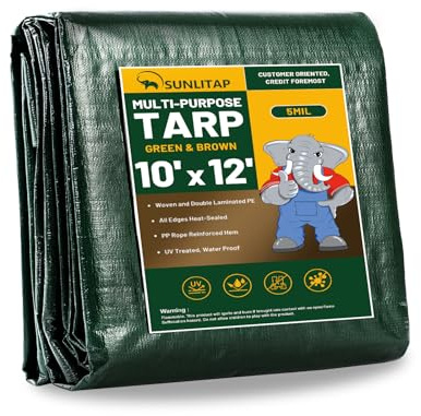 SUNLITAP Lona de 10 x 12 pies, lona de polietileno impermeable de 5 mil, lona ligera con ojales, bordes reforzados, a prueba de rasgaduras y roturas, lona de tamaño acabado multiusos para automóviles