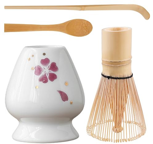 Set di 4 scope Matcha, set da 4 fruste per matcha, con 2 cucchiai per matcha, supporto per cerimonia tradizionale del tè giapponese (rosso)