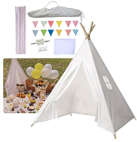 Takezuaa Teepee Tent for Kids With Bunting & Carry Bag - Polyester Foldable Children Play Tent for Indoor Outdoor Use - Sleepover Tipi Playhouse Toy Gift for Girls Boys (White)