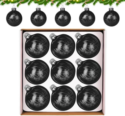 Anstore 9 Stück Weihnachtskugeln, Schwarz Weihnachtskugeln aus Glas, Christbaumkugeln ∅ 8cm, Christbaumschmuck mit Spezielles Federmalverfahren, Weihnachtsdeko für Feiertage und Partydekoration
