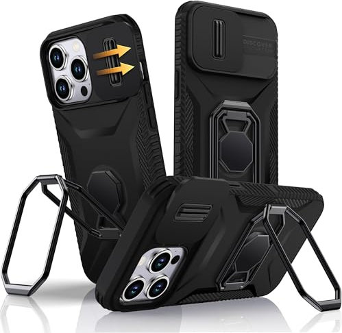 XYZ for iPhone 15 Pro Max Case with Stand, 15 Pro Max Phone Case with Ring Holder Kickstand Slide Camera Cover, Shockproof Military Hard Protective Cover Case for iPhone 15 Pro Max, Black