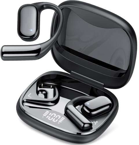 QCOQ Open Ear Earbuds, Bone Conduction Headphones, V5.4 True Wireless Earbuds, 50H playtime LED display headphones wireless Bluetooth, IPX7 Waterproof for Fitness and Running/Black