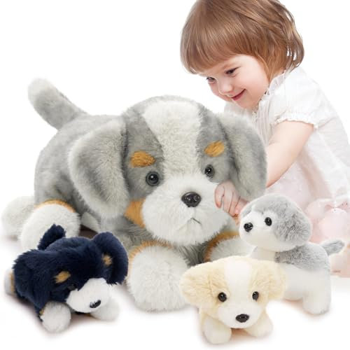 MorisMos riesen riesen Border Collie Hund Kuscheltier mit 3 Baby im Bauch, 60cm lang grau Plüsch Hund Stofftier Weich Spielzeug, Geburtstag Geschenk für Kinder