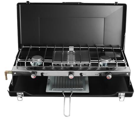 Loobiiny Estufa de camping de gas plegable,Cocina de mesa de 3 llamas,Hornillo de gas con mango para acampar exterior,Parrilla Stove