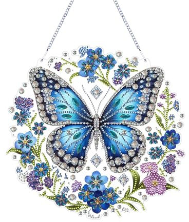 FONDUO Diamond Painting Schmetterling Deko DIY Diamond Painting Kranz Frühling für Türdeko Wand Dekoration Hängende Diamant Malerei Türkranz Geschenk Frühlingsdeko Diamantmalerei Fensterbilder (O)