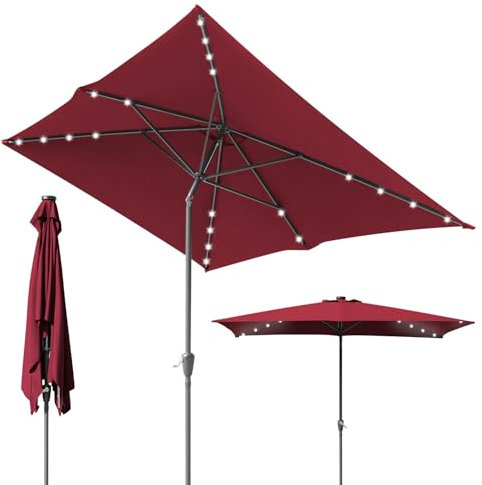 Fiqops Ombrellone 210 x 140 / 300 x 200 cm con manovella, parasole rettangolare UV50+, pieghevole, ombrellone da giardino, impermeabile, per giardino, terrazza, senza supporto, Colore: rosso, 210 x