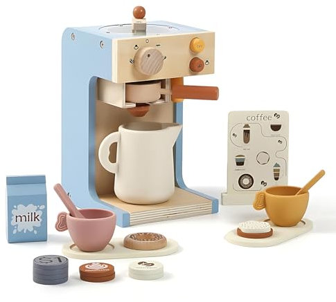 Kaffeemaschine Kinder Holz Mit Mühle, 22-Teilig, Spielküche Zubehör Kaffeeservice Spielset Mit Sound, Rollenspiel Mit Zubehör, Pädagogisches Holzspielzeug
