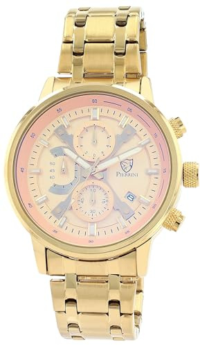 Pierrini Herren Chronograph Armbanduhr – Edelstahl Uhr mit Stoppuhr & Datumsanzeige – Quarzuhr sportlich elegant mit Leuchtzeigern & Geschenkbox – 3 ATM wasserdicht (Gold)
