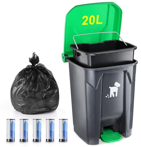 20L Garden Dog Waste Bin with Lid, Outdoor Dog Poop Bin with Removable Inner Can, Includes 150 Waste Bags for Small & Large Dogs