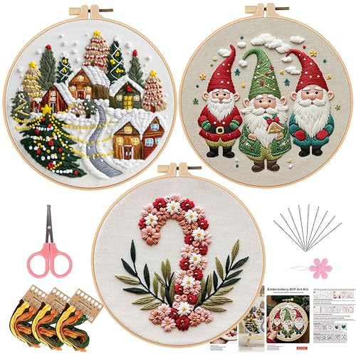 SEBOVIM Sets Christmas Embroidery Kits for Adults,Embroidery Kit for Beginners,Cross Stitch Kits for Beginners with Pattern,Needles,Threads,Tools