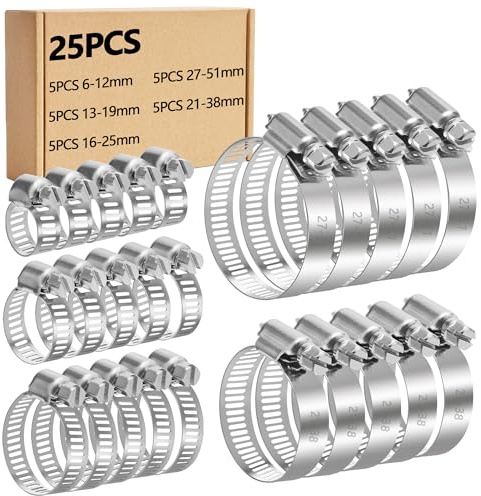 YEYIT 25 Pcs Hose Clips, Adjustable 6-51mm Hose Clamps Jubilee Hose Clamp 5 Sizes,Stainless Steel Pipe Clips Assortment, for Water Pipe,Automobile Tubing 6-12/13-19/16-25/21-38/27-51mm